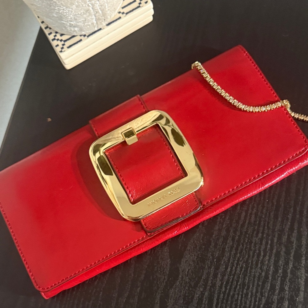 Michael Kors Red Leather Clutch with Gold Buckle Accent